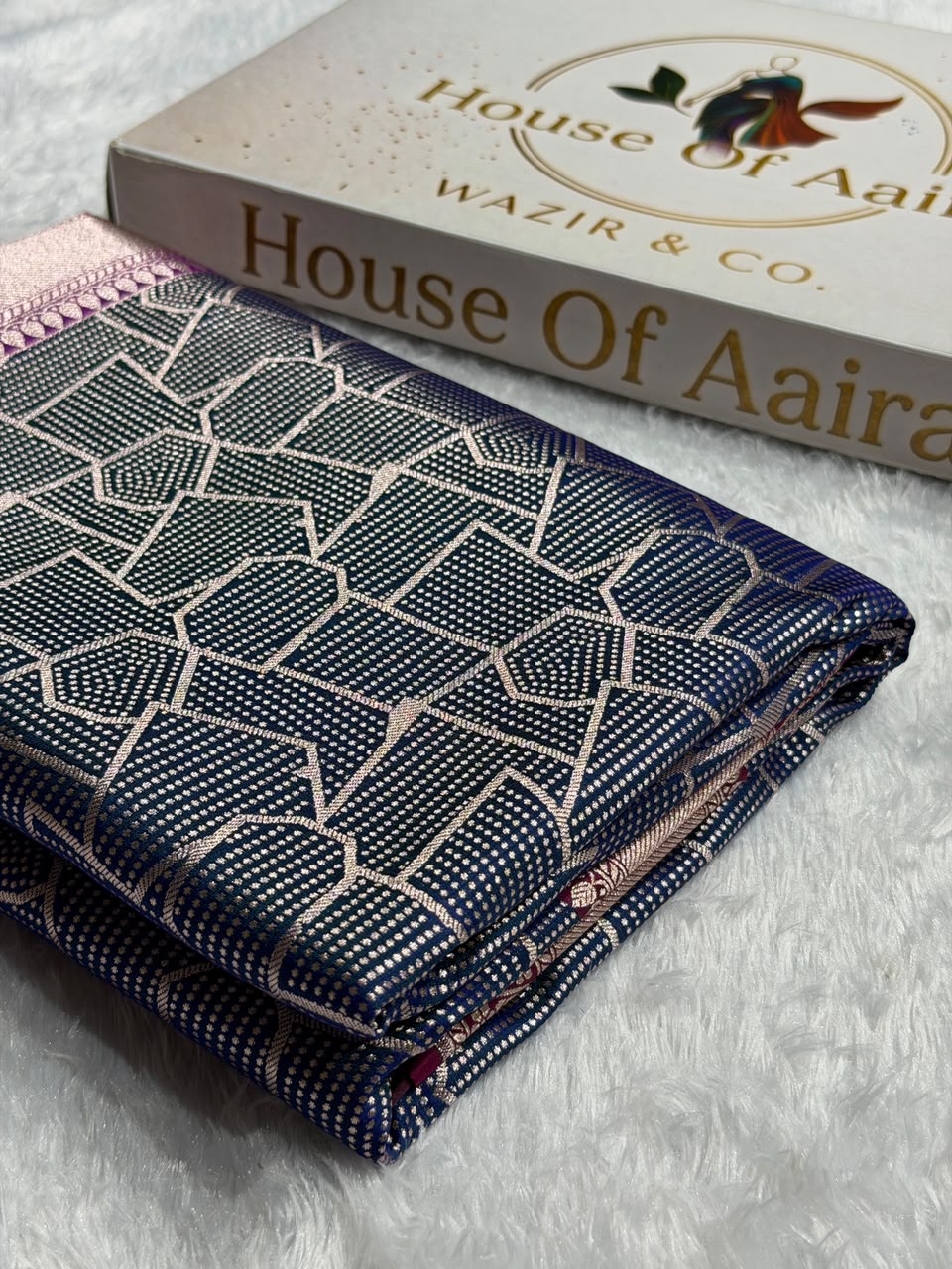 Banarasi Satin Katan Silk Saree Brocade Pattern in Contrast Navy Blue with Rani Shades SK12