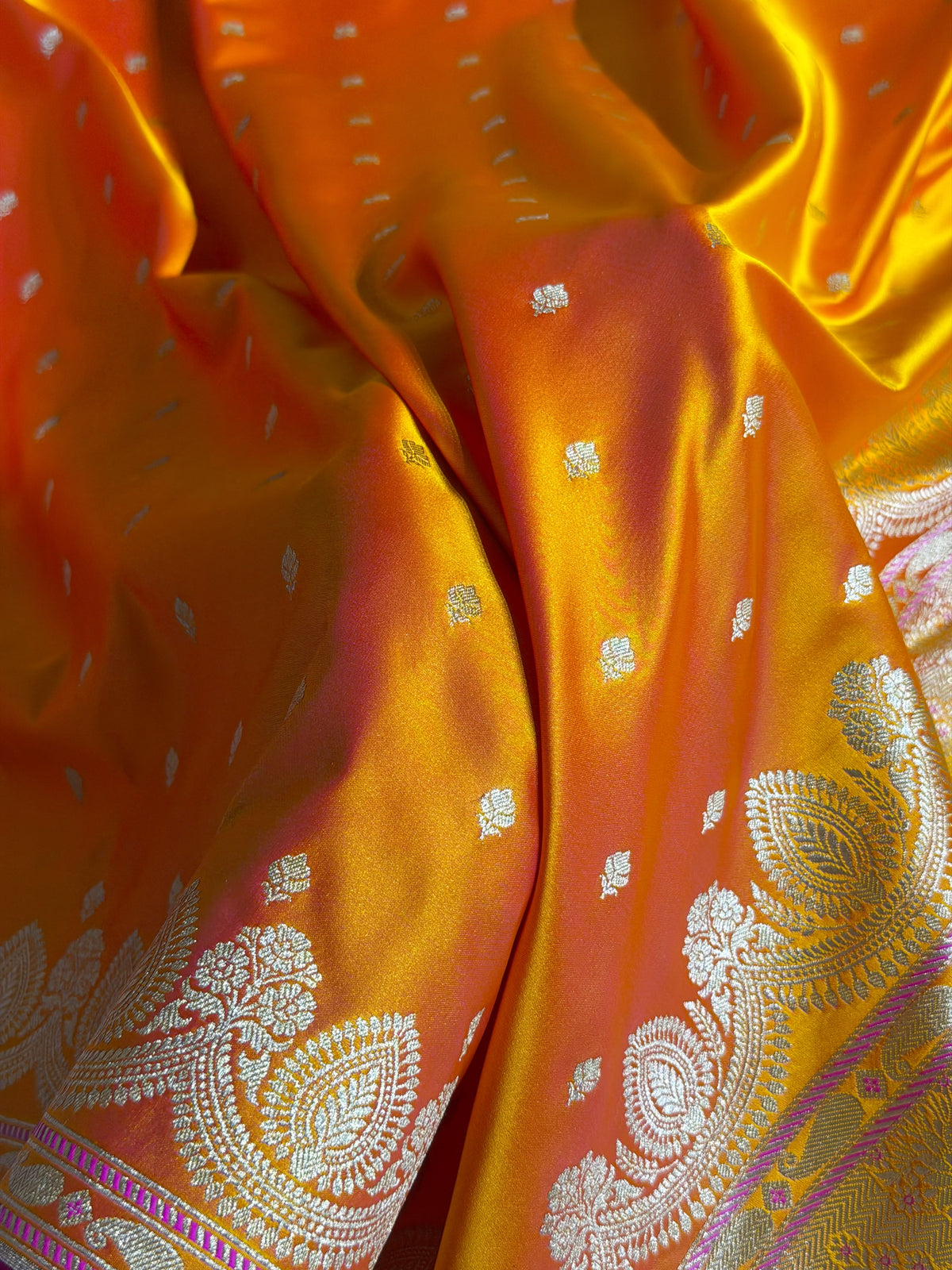 Banarasi Mashru Satin Silk Saree Booti Pattern Fire Gold Shades MSK30
