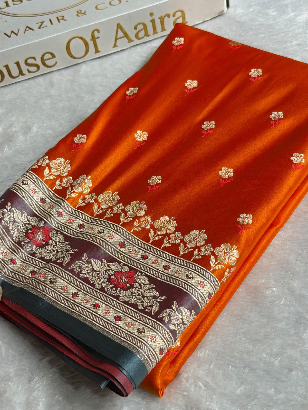 Banarasi Mashru Satin Silk Saree Booti Pattern In Orange with Turquoise Shades MSK40