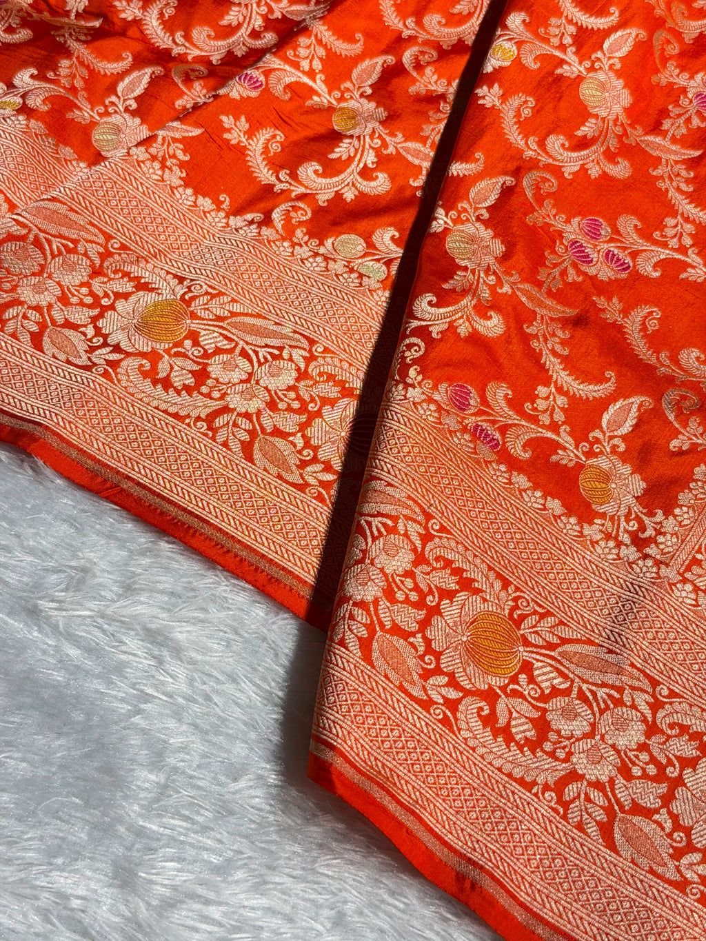 Banarasi Pure Katan Silk Saree with Minakari Jaal Pattern in Orange Shades PKM11