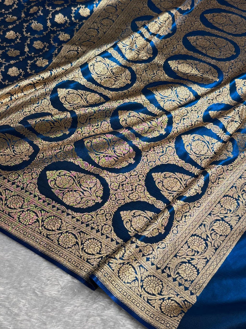 Banarasi Satin Silk Saree Jaal Pattern in German Blue Shades SS04