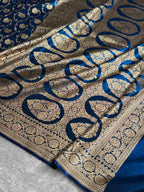 Banarasi Satin Silk Saree Jaal Pattern in German Blue Shades SS04