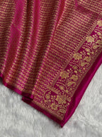 Banarasi Satin Katan Silk Saree Plain Body Pattern in Contrast Firozy with Rani Shades SK05