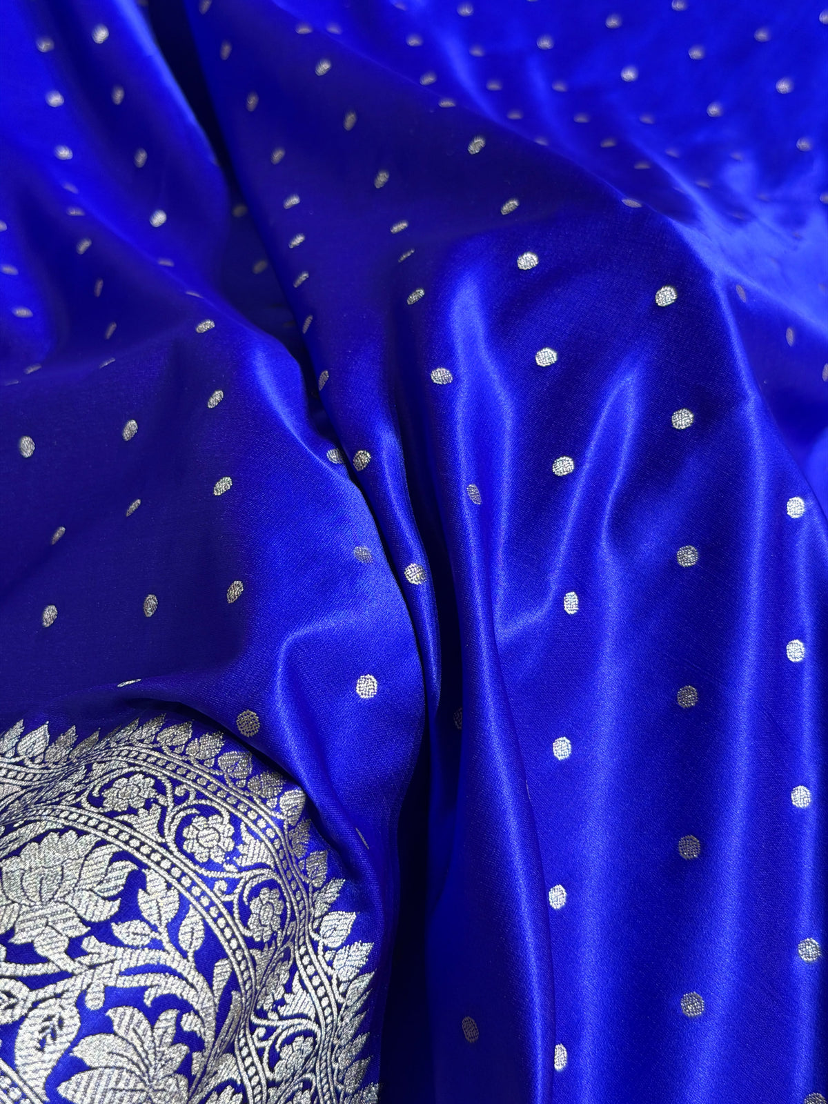 Banarasi Satin Katan Silk Saree Dot Booti Pattern in Royal Blue Shades SK11