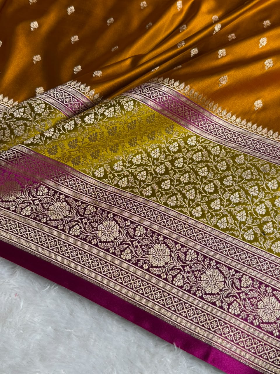 Banarasi Mashru Satin Silk Saree Booti Pattern In Rust with Mustard Rani Skirt Border Shades MSK41