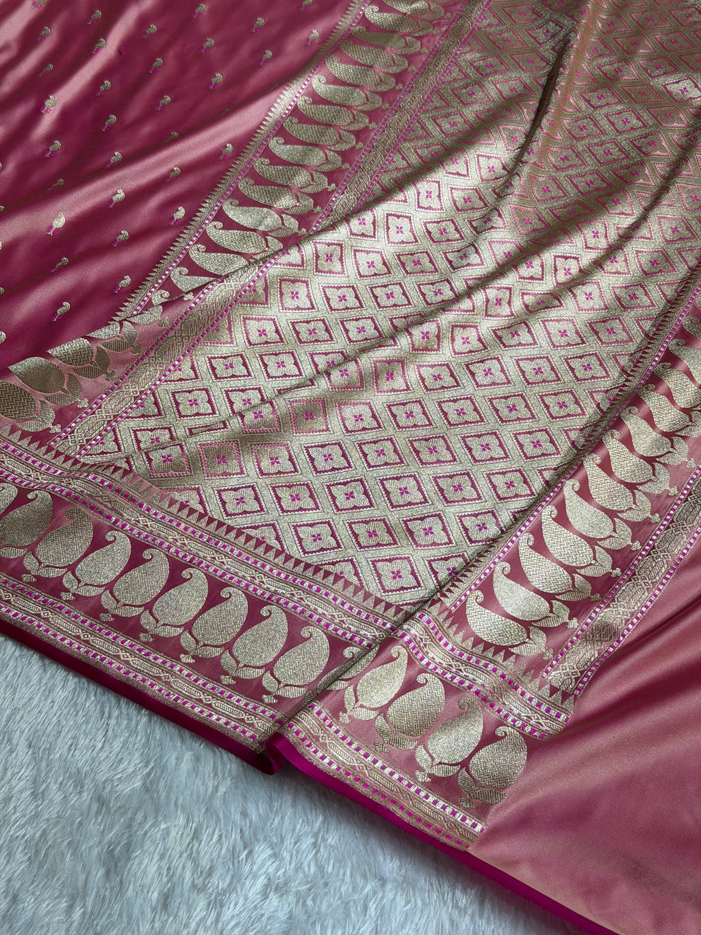 Banarasi Mashru Satin Silk Saree Minakari Booti Pattern Blush Peach Shades MSK29