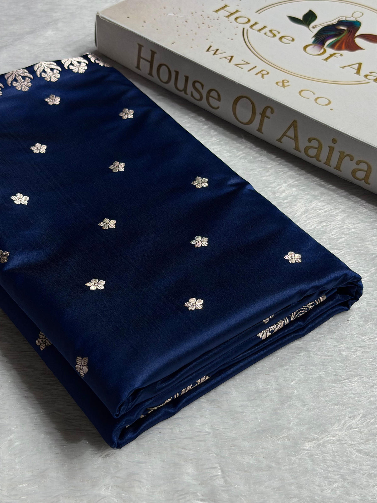 Banarasi Mashru Satin Silk Saree Booti Pattern Navy Blue Shades MSK14