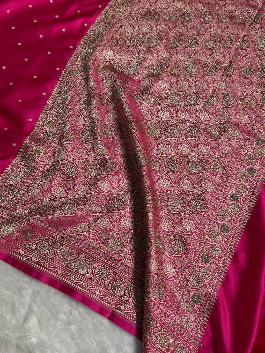 Banarasi Mashru Satin Silk Saree Tanchoi Pattern in Swarovski Work in Rani Shades BMSC09