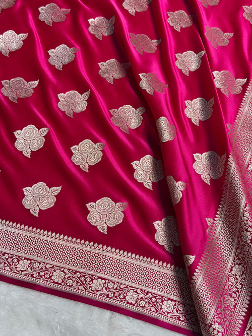 Banarasi Mashru Satin Silk Saree Boota Pattern Rani Shades MSK15