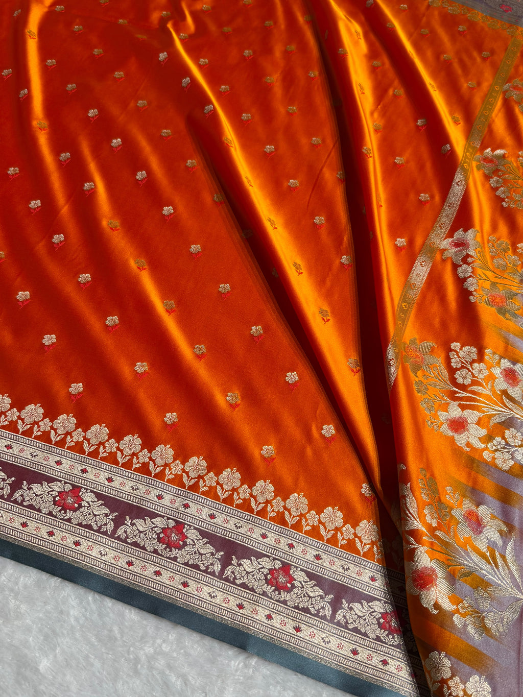 Banarasi Mashru Satin Silk Saree Booti Pattern In Orange with Turquoise Shades MSK40