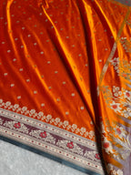Banarasi Mashru Satin Silk Saree Booti Pattern In Orange with Turquoise Shades MSK40
