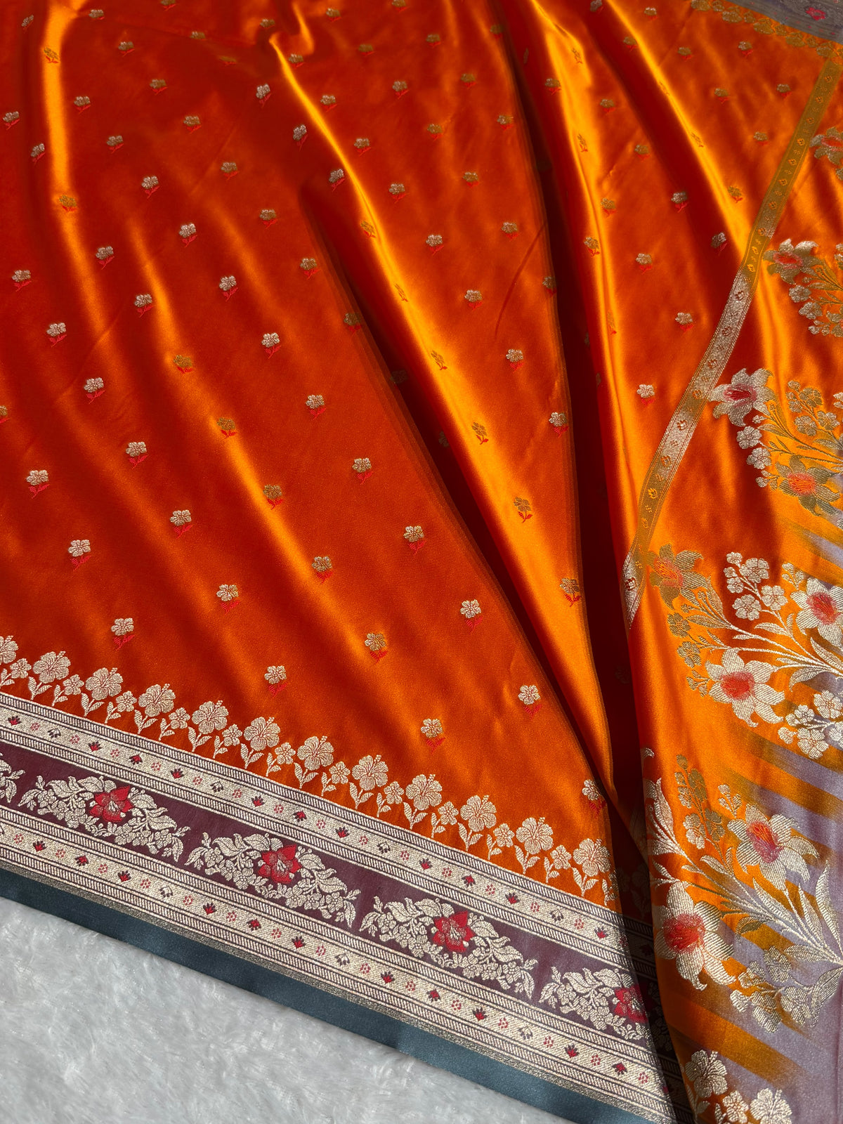 Banarasi Mashru Satin Silk Saree Booti Pattern In Orange with Turquoise Shades MSK40