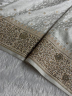Banarasi Mashru Satin Silk Saree Tanchoi Pattern in Swarovski Work in Pearl White Shades BMSC04
