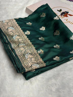 Banarasi Satin Katan Silk Saree Minakari Boota Pattern in Bottle Green Shades SK07