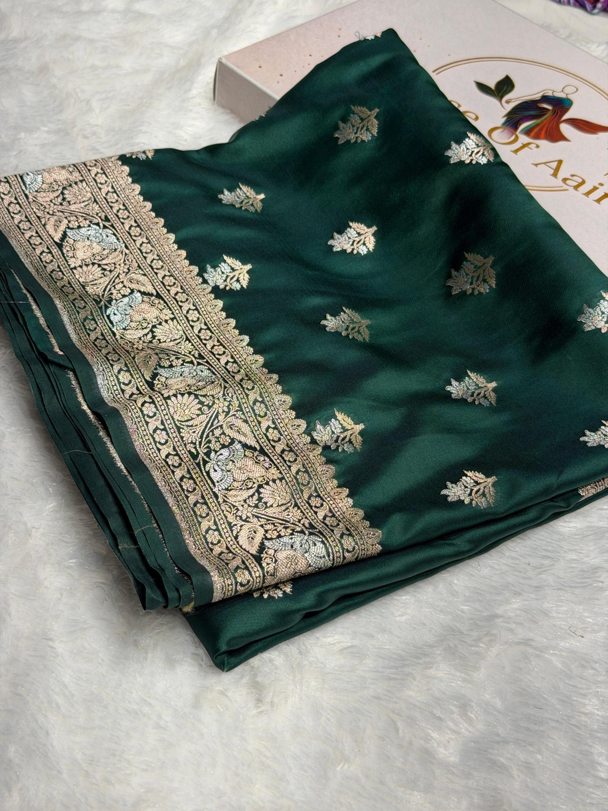 Banarasi Satin Katan Silk Saree Minakari Boota Pattern in Bottle Green Shades SK07