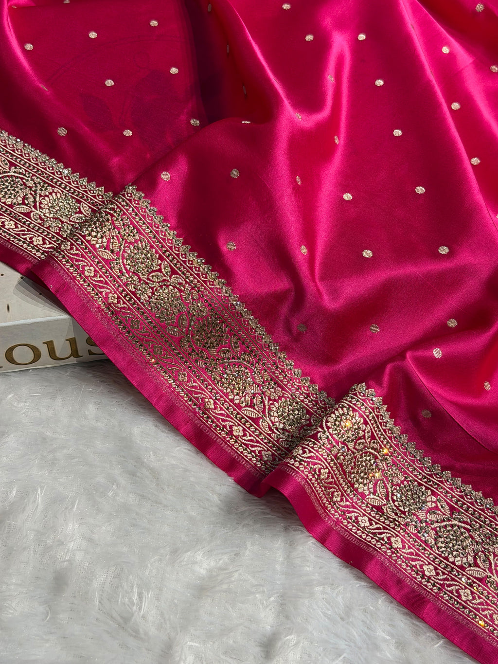 Banarasi Mashru Satin Silk Saree Tanchoi Pattern in Swarovski Work in Rani Shades BMSC09
