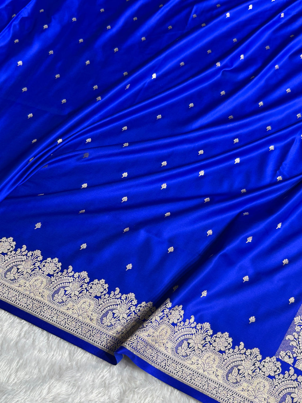 Banarasi Mashru Satin Silk Saree Booti Pattern Royal Blue Shades MSK32