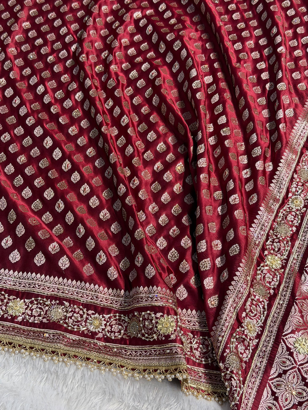 Bridal Banarasi Mashru Satin Silk Saree with Ari Pearl Work & Gotta Patti Work Booti Pattern in Chocolate Shades BMSKGP09