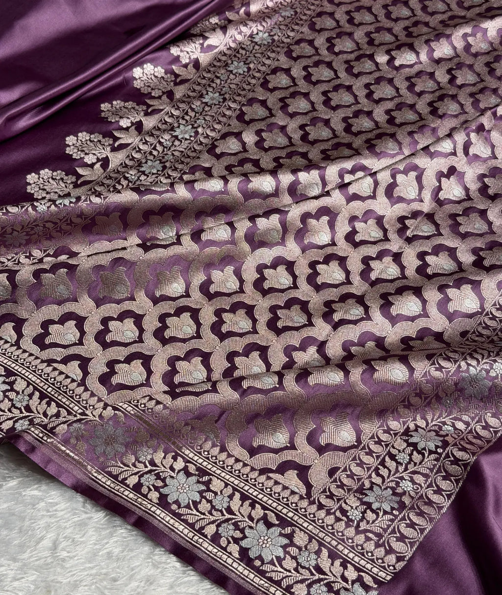 Banarasi Mashru Satin Silk Saree Floral Plain Body Mina Pattern In Royal Purple Shades MSC06