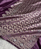 Banarasi Mashru Satin Silk Saree Floral Plain Body Mina Pattern In Royal Purple Shades MSC06