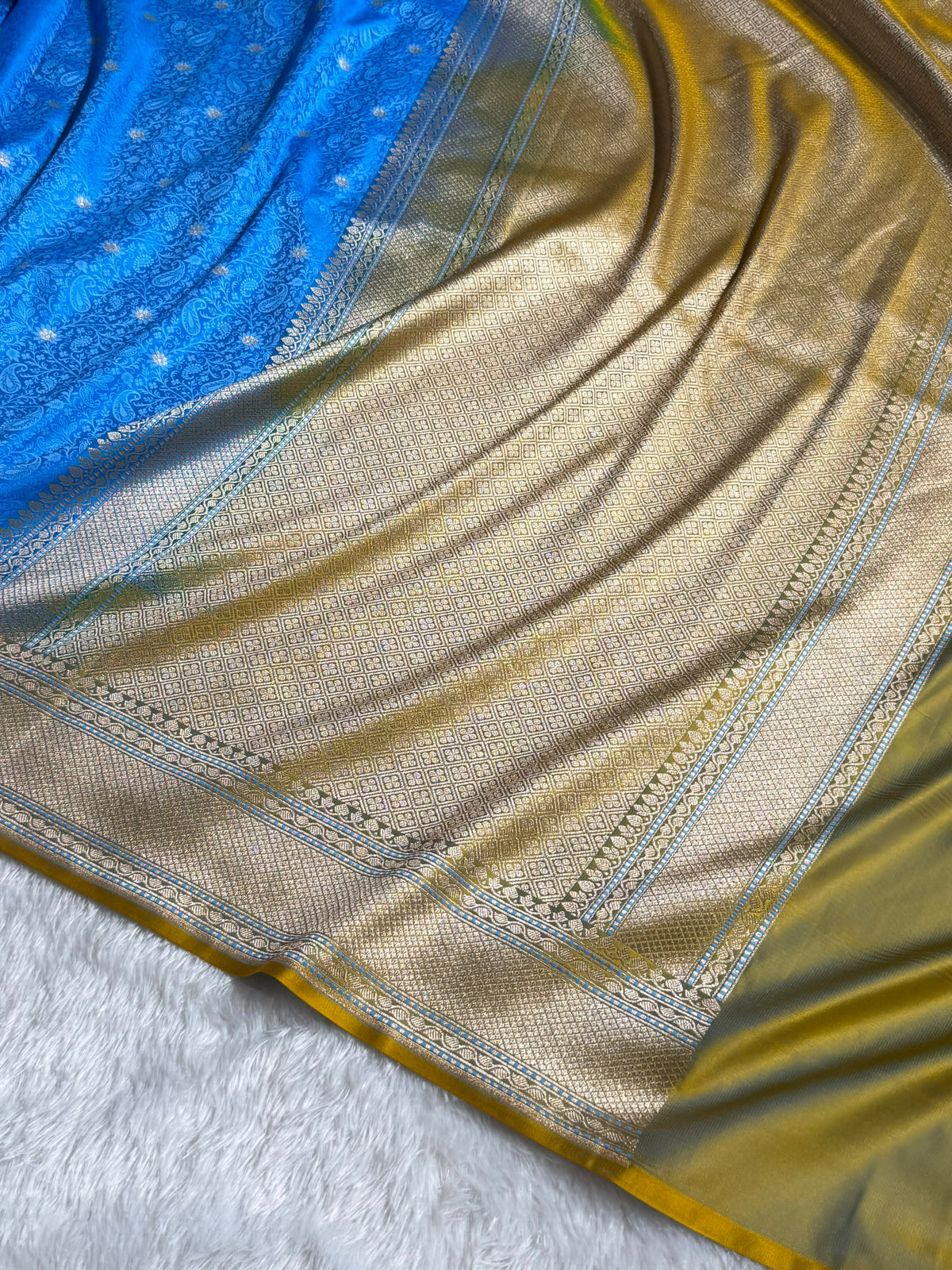 Banarasi Mashru Satin Silk Saree Tanchoi Pattern Contrast Nile Blue with Mustard Shades MSK34