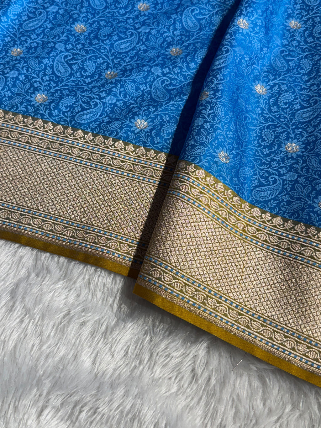 Banarasi Mashru Satin Silk Saree Tanchoi Pattern Contrast Nile Blue with Mustard Shades MSK34
