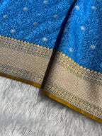 Banarasi Mashru Satin Silk Saree Tanchoi Pattern Contrast Nile Blue with Mustard Shades MSK34