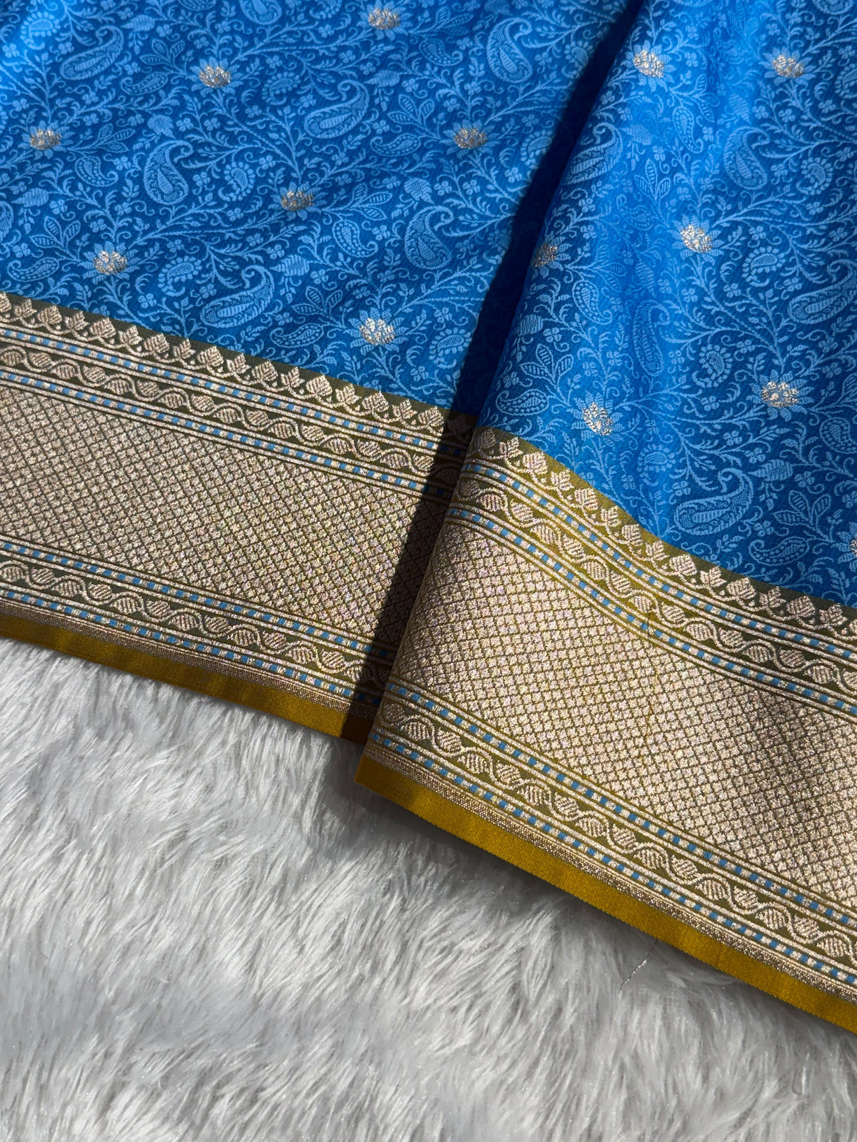 Banarasi Mashru Satin Silk Saree Tanchoi Pattern Contrast Nile Blue with Mustard Shades MSK34