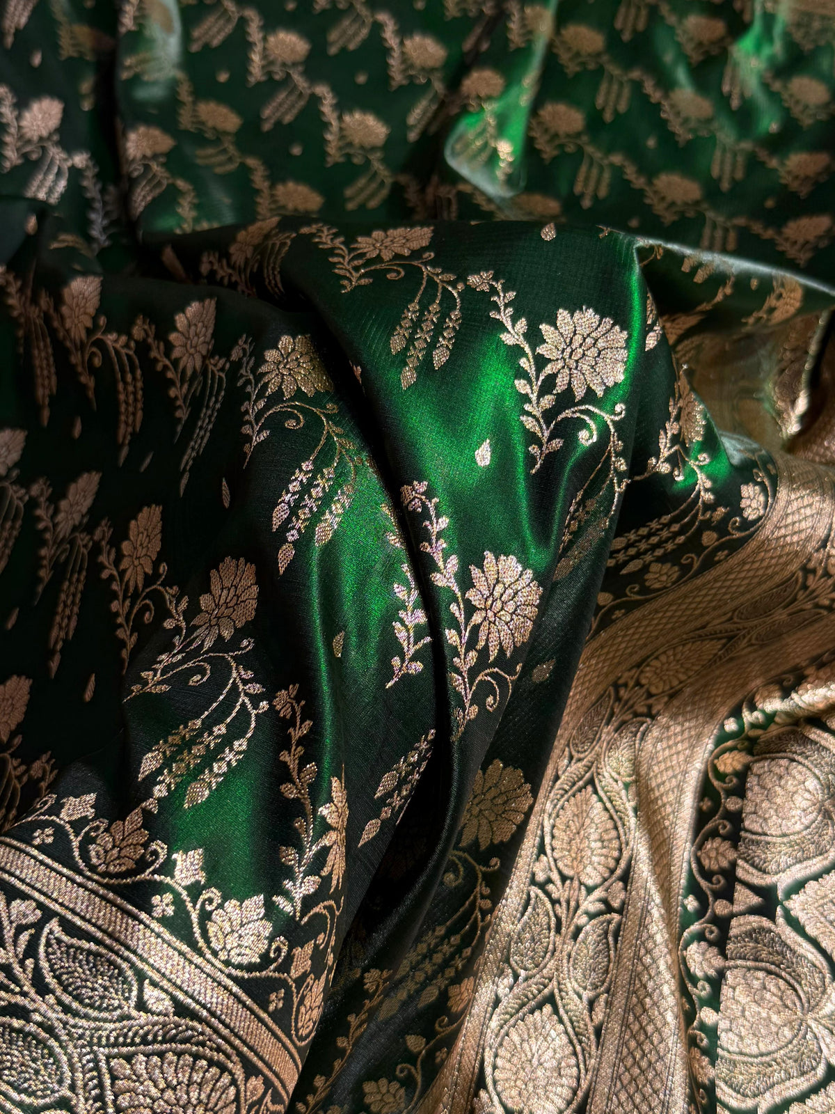 Banarasi Satin Silk Saree Cross Pattern in Bottle Green Shades SS08