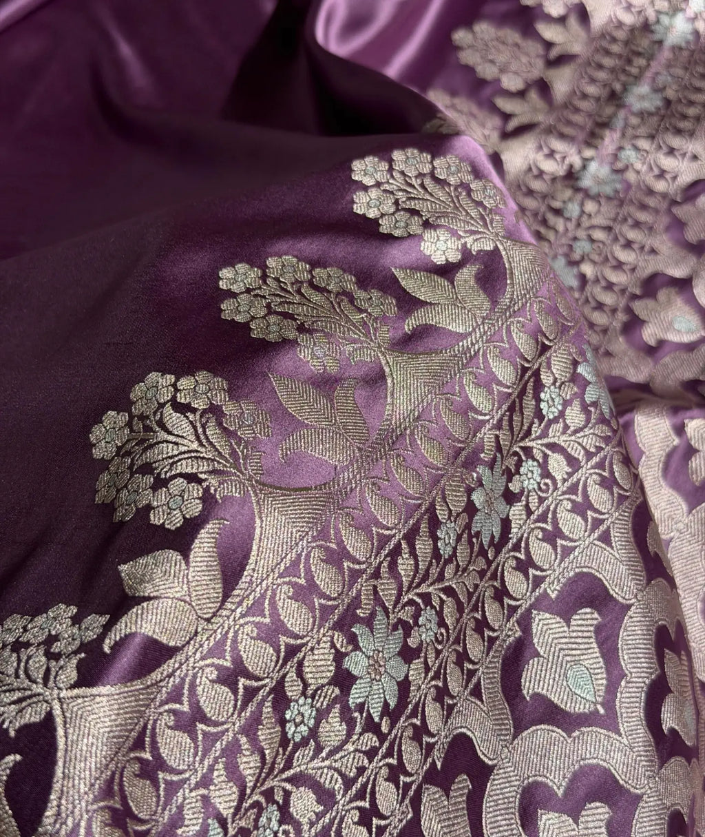 Banarasi Mashru Satin Silk Saree Floral Plain Body Mina Pattern In Royal Purple Shades MSC06