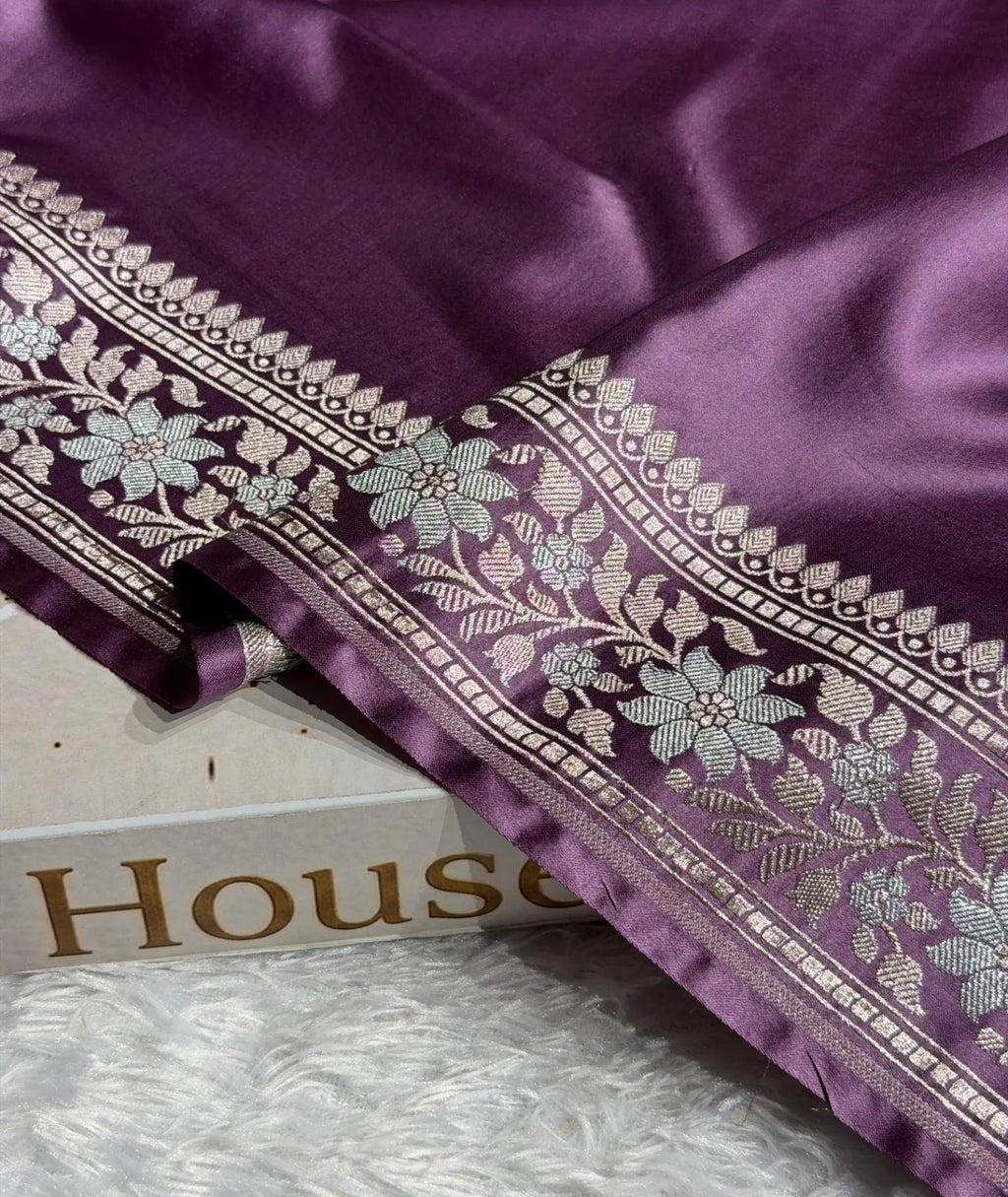 Banarasi Mashru Satin Silk Saree Floral Plain Body Mina Pattern In Royal Purple Shades MSC06