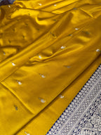 Banarasi Satin Katan Silk Saree Booti Pattern in Contrast Mustard with Royal Blue Shades SK14