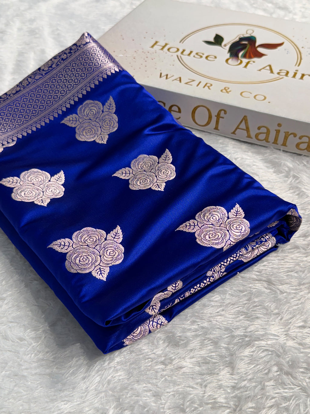 Banarasi Mashru Satin Silk Saree Boota Pattern Royal Blue Shades MSK15