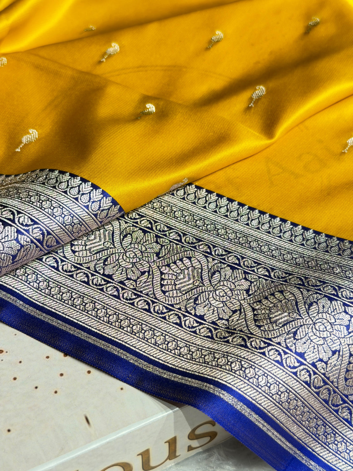 Banarasi Satin Katan Silk Saree Booti Pattern in Contrast Mustard with Royal Blue Shades SK14