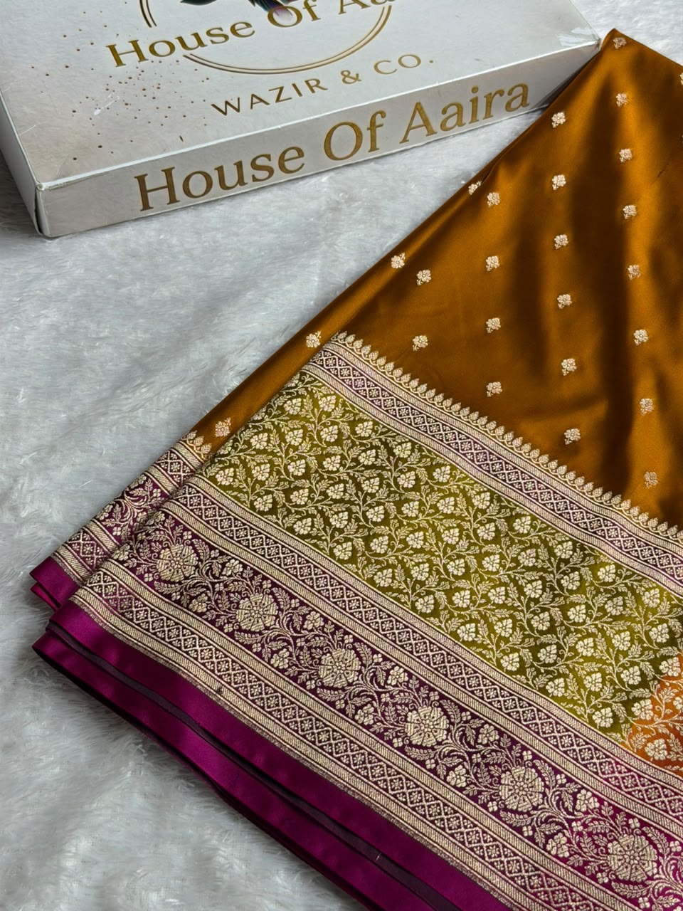 Banarasi Mashru Satin Silk Saree Booti Pattern In Rust with Mustard Rani Skirt Border Shades MSK41