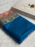Banarasi Satin Katan Silk Saree Plain Body Pattern in Contrast Firozy with Rani Shades SK05
