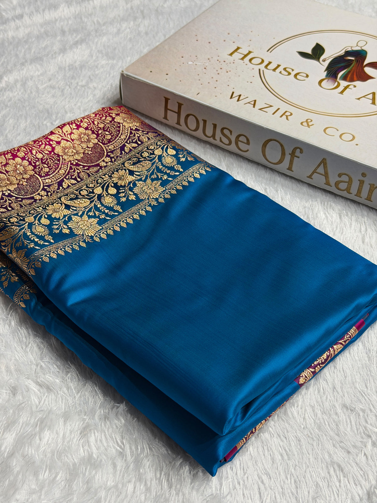 Banarasi Satin Katan Silk Saree Plain Body Pattern in Contrast Firozy with Rani Shades SK05