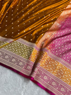 Banarasi Mashru Satin Silk Saree Booti Pattern In Rust with Mustard Rani Skirt Border Shades MSK41