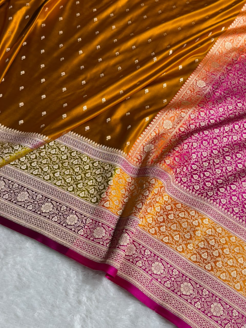 Banarasi Mashru Satin Silk Saree Booti Pattern In Rust with Mustard Rani Skirt Border Shades MSK41