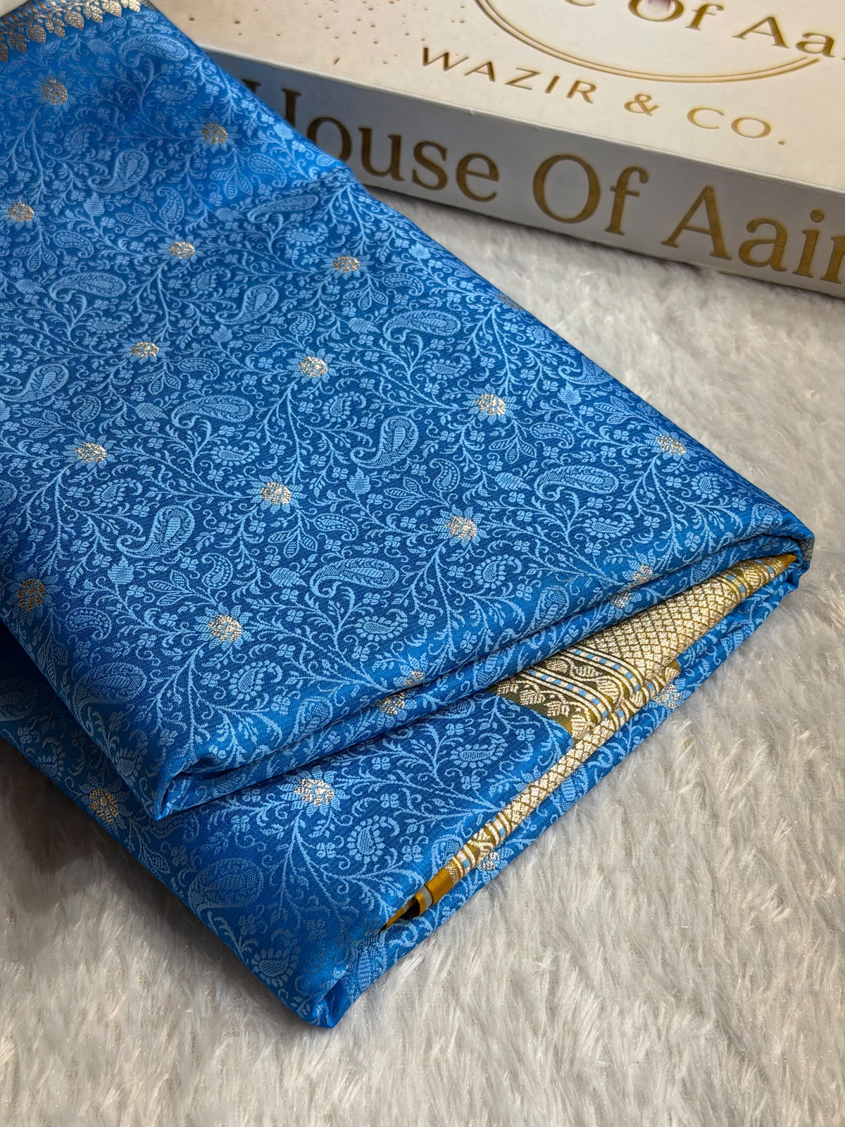 Banarasi Mashru Satin Silk Saree Tanchoi Pattern Contrast Nile Blue with Mustard Shades MSK34