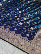 Banarasi Satin Silk Saree Jaal Pattern in Peacock Shades SS12