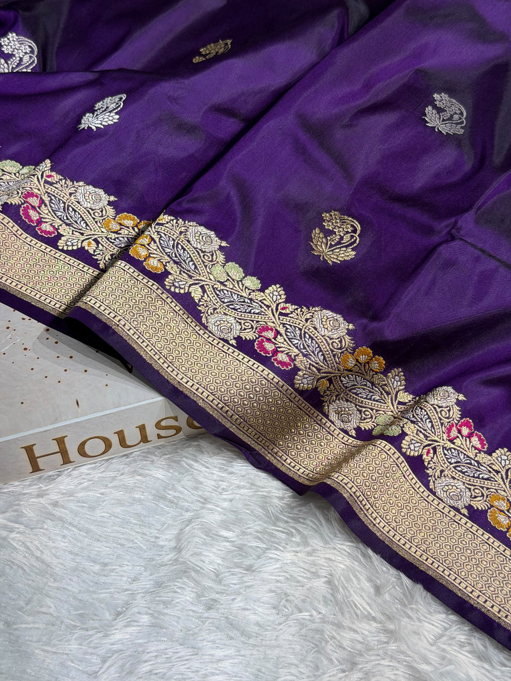 Banarasi Pure Katan Silk Saree Handwoven Kaduwa Boota Pattern with Minakari work in Purple Shades PKH09