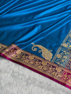 Banarasi Satin Katan Silk Saree Plain Body Pattern in Contrast Firozy with Rani Shades SK05