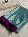 Banarasi Mashru Satin Silk Saree Booti Pattern In Turquoise Shades MSK42
