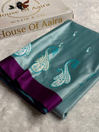 Banarasi Mashru Satin Silk Saree Booti Pattern In Turquoise Shades MSK42