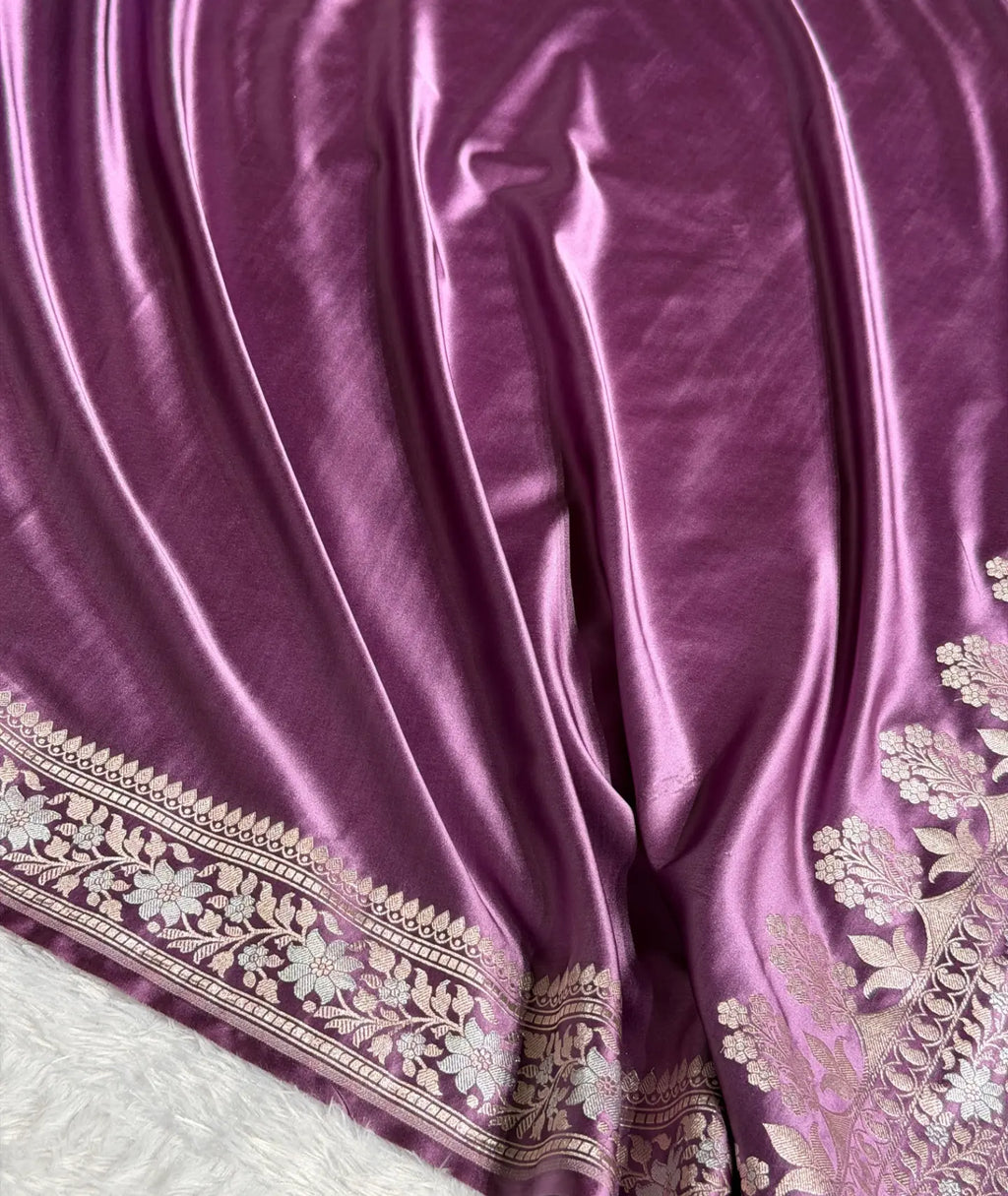 Banarasi Mashru Satin Silk Saree Floral Plain Body Mina Pattern In Royal Purple Shades MSC06