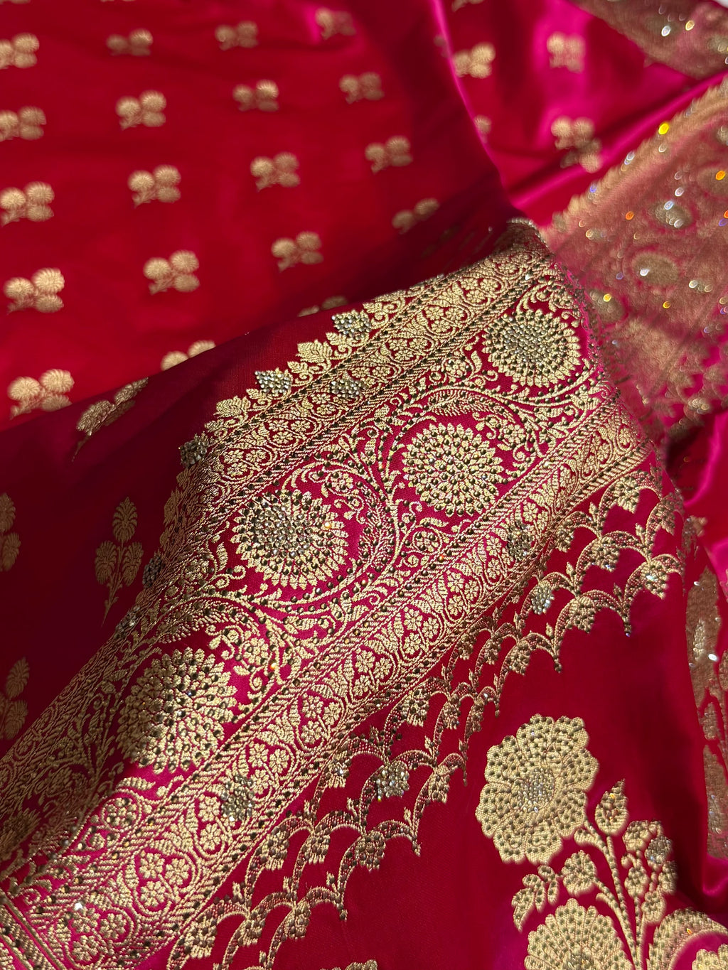 Bridal Banarasi Katan Satin Silk Saree Booti Pattern with Swarovski Work in Rani Pink Shades BSK02