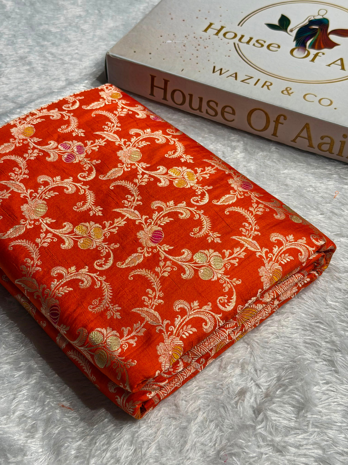 Banarasi Pure Katan Silk Saree with Minakari Jaal Pattern in Orange Shades PKM11