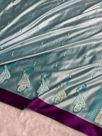 Banarasi Mashru Satin Silk Saree Booti Pattern In Turquoise Shades MSK42