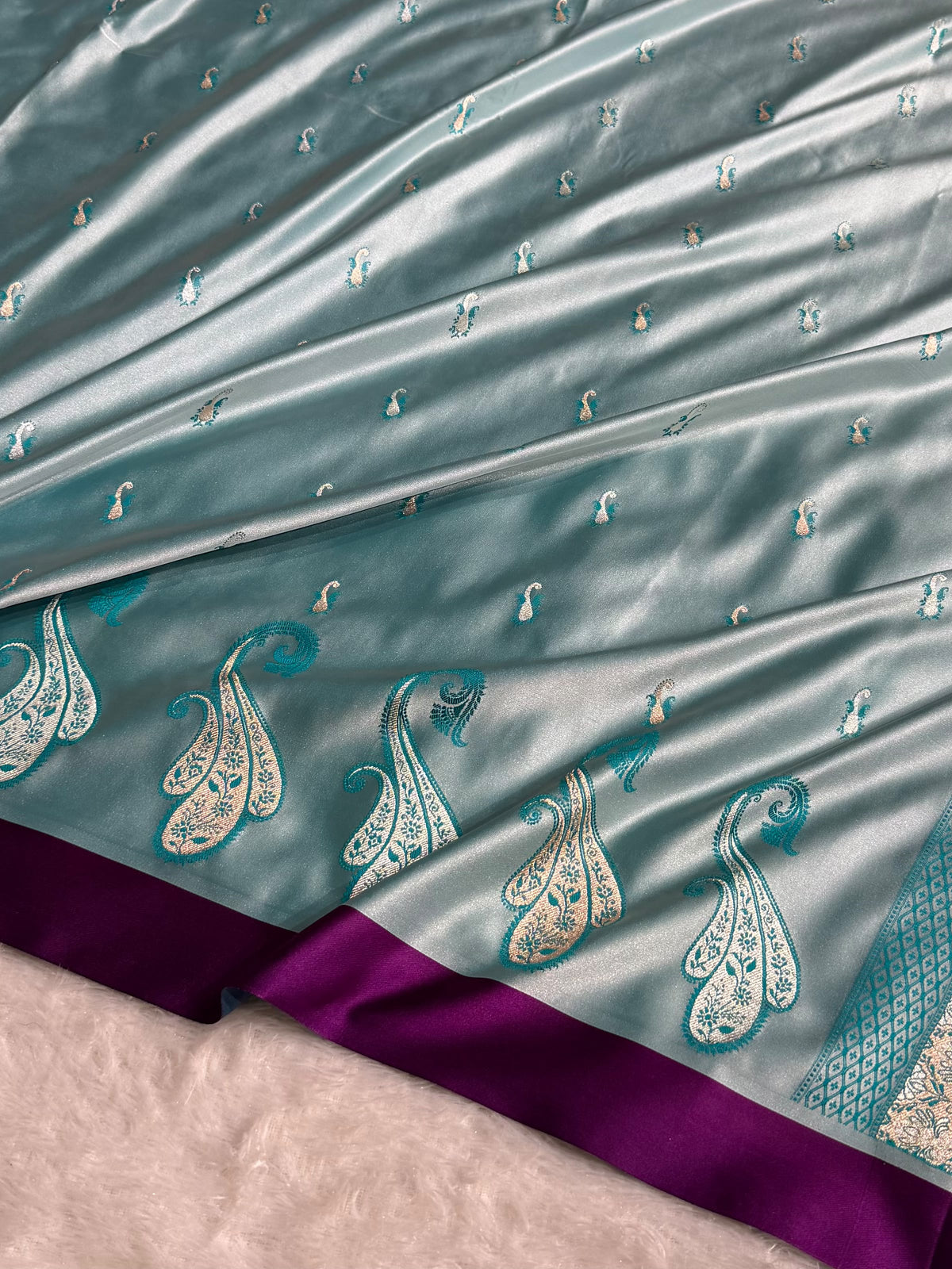 Banarasi Mashru Satin Silk Saree Booti Pattern In Turquoise Shades MSK42